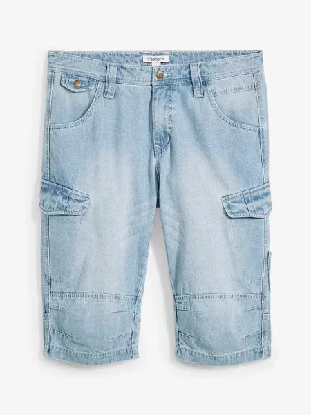 Lekkie długie bermudy jeansowe o kroju bojówek relaxed fit niebieskie