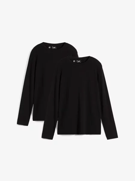 Koszulka z długim rękawem slim fit z czystej bawełny organicznej 2 szt. czarna