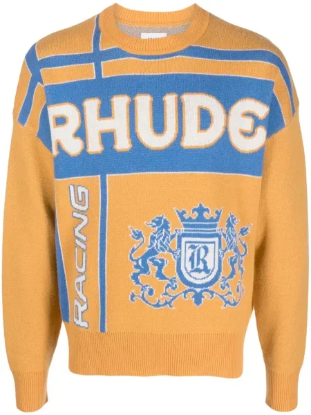 Pulover Rhude din jacard cu decolteu în U portocaliu