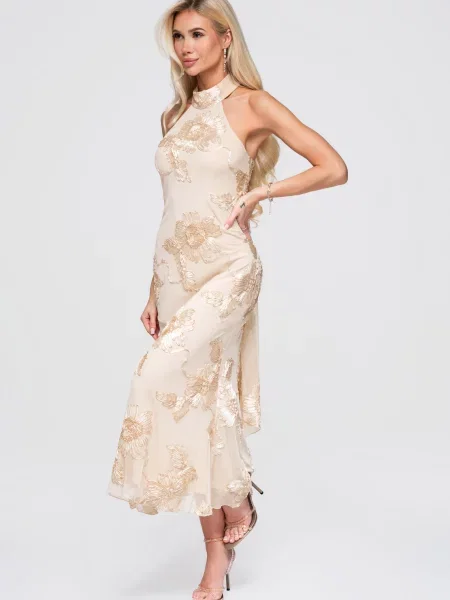 Rochie maxi Edoti cu gât halter maro