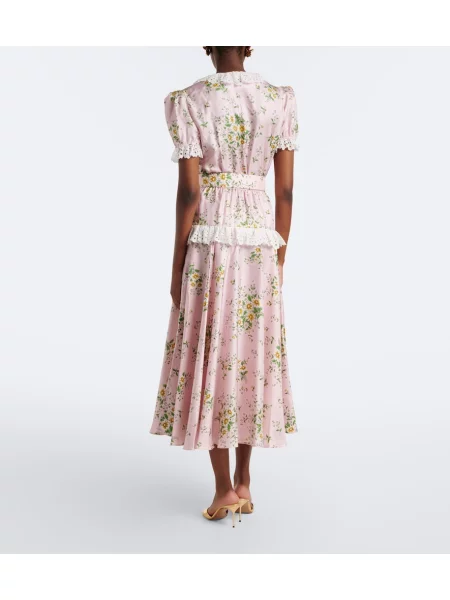 Cu centură rochie midi Rodarte de mătase cu model floral roz