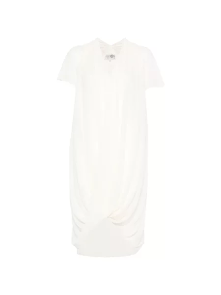 Drapované midi šaty Mm6 Maison Margiela s výstřihem do v po kolena bílé