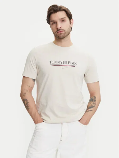 Тениска Tommy Hilfiger с принт бежово