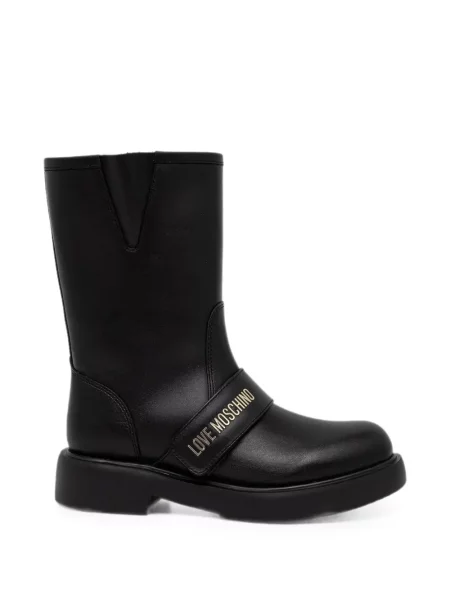 Botine Love Moschino din piele cu bretele cu autograf negru
