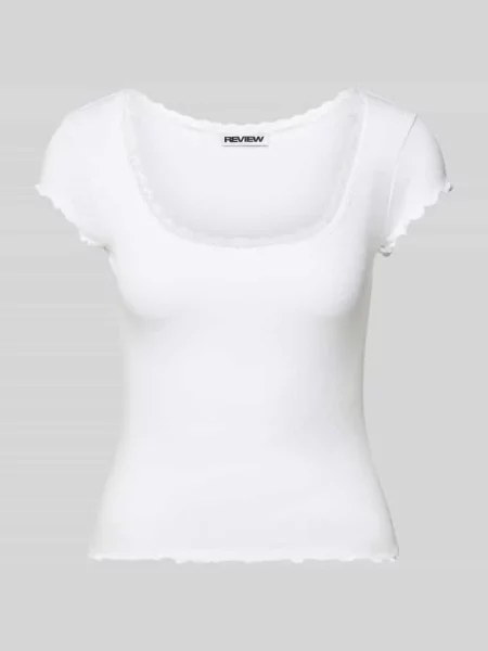 T-shirt o kroju slim fit z mieszanka z obszycie koronką Review biała