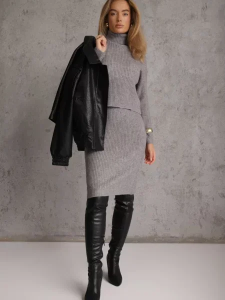 Prążkowany Komplet z Dzianiny z Wełną i Bawełną Golf i Sukienka Bodycon Mirrela szary
