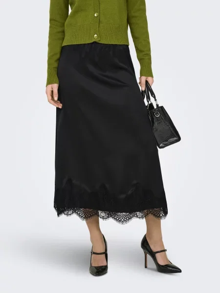 Спідниця міді Only BELLA SATIN LACE SKIRT поліестер/еластан чорний