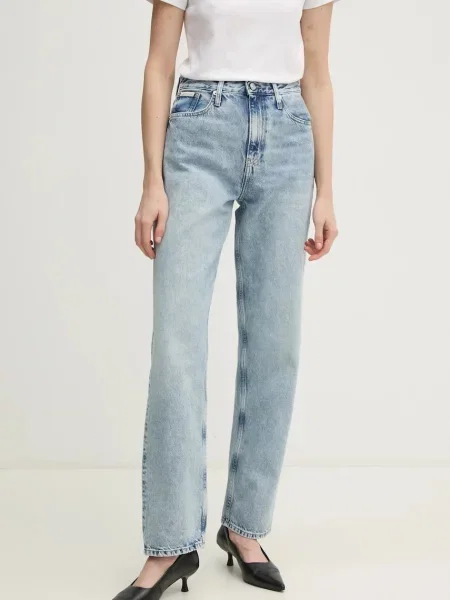 Дънки Calvin Klein Jeans с висока талия синьо