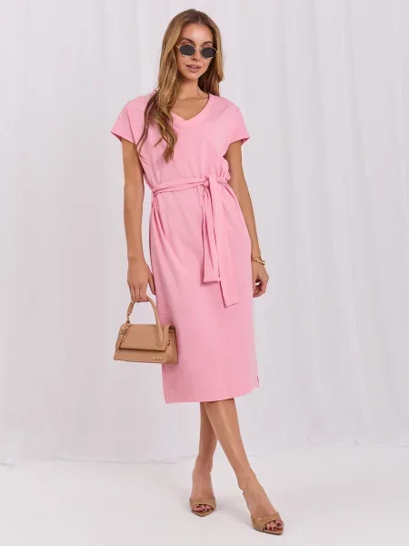 Rochie midi Rue Paris cu mâneci scurte roz