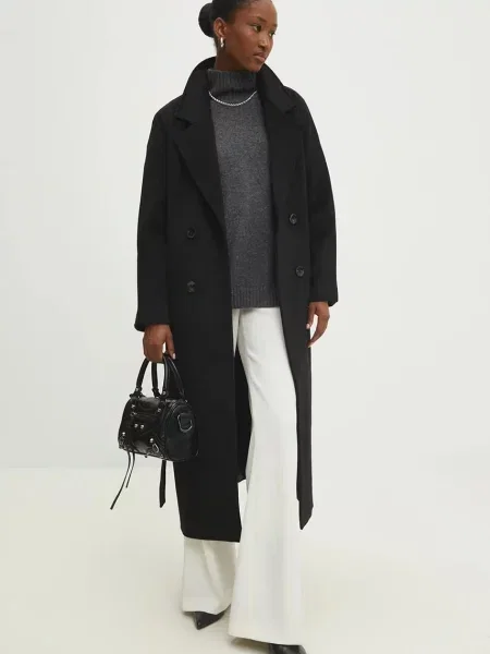 Вовняне пальто Answear Lab перехідний двобортний чорний