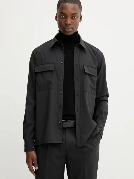 Vunena košulja BARENA VENEZIA Camicia Den regular s klasičnim ovratnikom crna