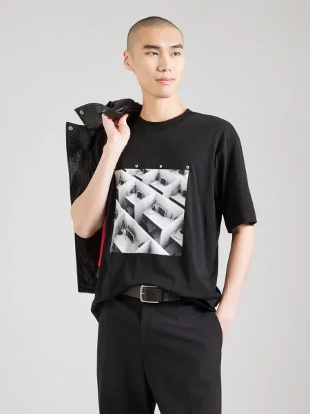 HUGO Tricou Dodger gri deschis / gri închis alb negru