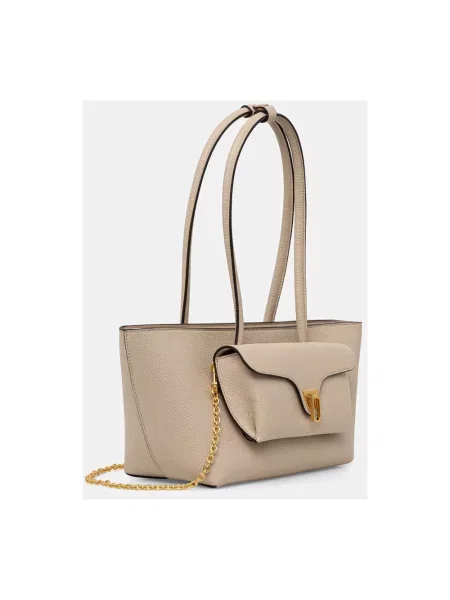 Coccinelle torebka shopper skórzana DOUBLE BEAT beżowa