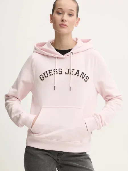 Guess Jeans bluza różowy z kapturem z aplikacją beżowa
