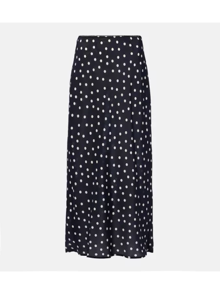 Fustă midi Rixo de mătase cu buline până la genunchi albastru