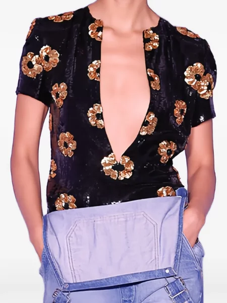 Top Brandon Maxwell cu paiete cu model floral negru