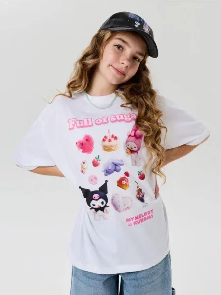 Sinsay oversize tričko s potiskem My Melody and Kuromi krémová