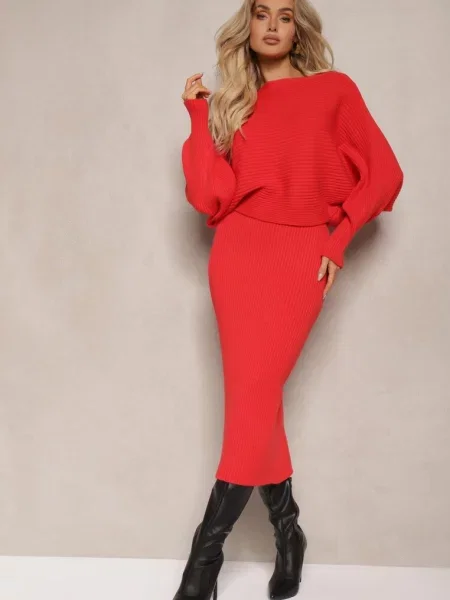 Komplet z Wiskozą w Prążki Spódnica z Gumką w Pasie i Góra o Kroju Nietoperza Korttisa czerwony