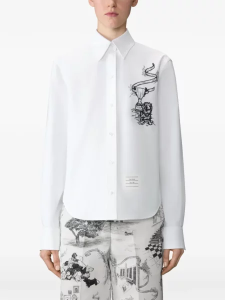 Cămașă Thom Browne cu broderie lungă alb