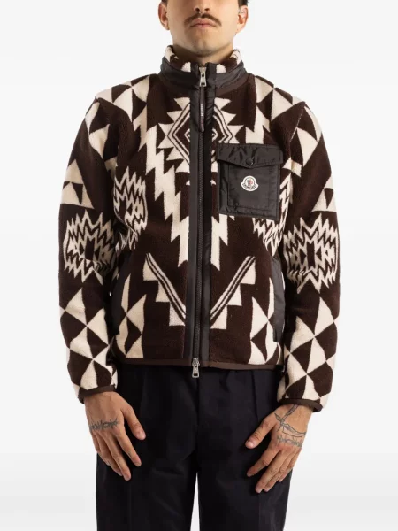 Geacă Moncler din fleece cu imprimeu geometric maro