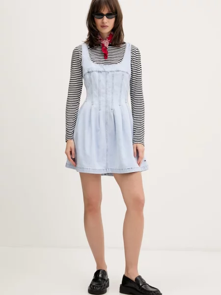 Tommy Jeans šaty s rozšíreným strihom rifľové modrá