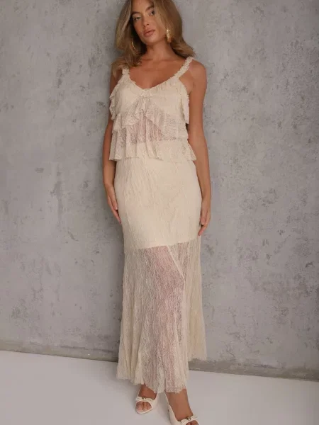 Top Elsa.m By May z falbankami koronkowy elegancki beżowy