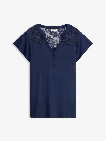 T-shirt z dekoltem henley z mieszanki niebieska