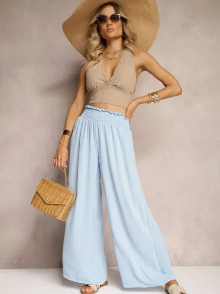 Jasnoniebieskie Spodnie High Waist z Szerokimi Nogawkami i Gumką w Pasie Risabessa niebieskie