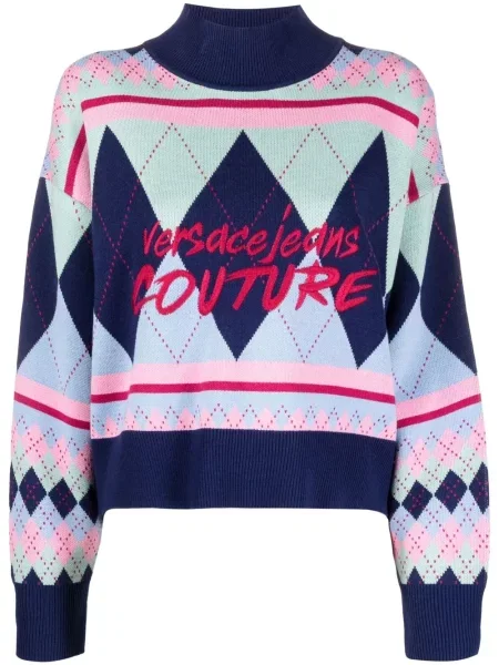 Pulover Versace Jeans Couture cu broderie tricotate cu model argyle albastru