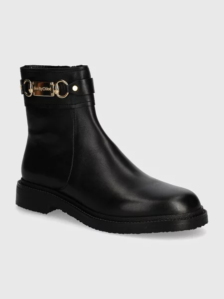 Кожени боти See by Chloé Signature 1 с равна подметка черно