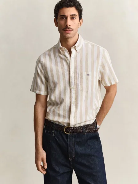 Gant koszula z krótkim rękawem z lnu Mężczyźni Regular Fit M beżowy