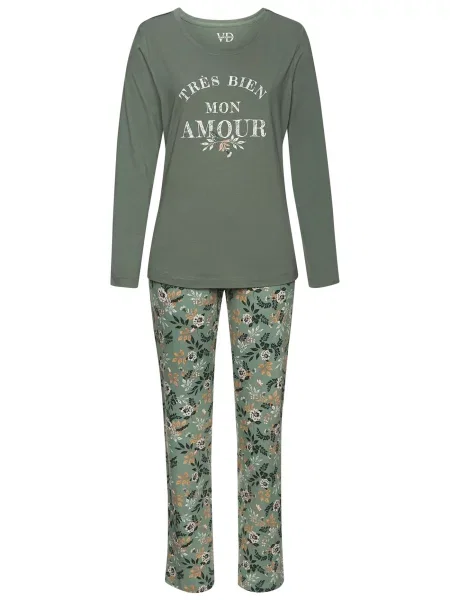 VIVANCE Pijama maro cămilă / verde mentă / verde jad alb