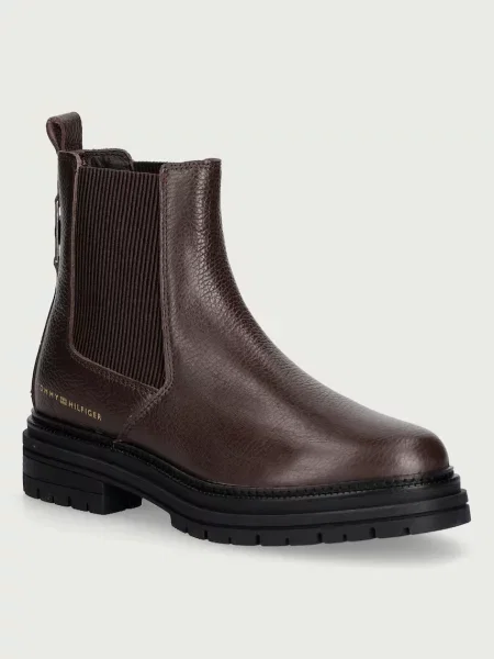 Tommy Hilfiger chelsea čižmy dámske kožené TH EMBOSS GRAIN LEATHER CHELSEA hnedá