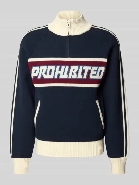 Sweter z dzianiny z logo i zamkiem błyskawicznym Prohibited granatowy