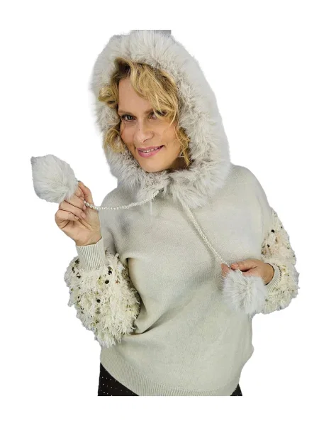 Sweter Pri w piórka z kapturem biały