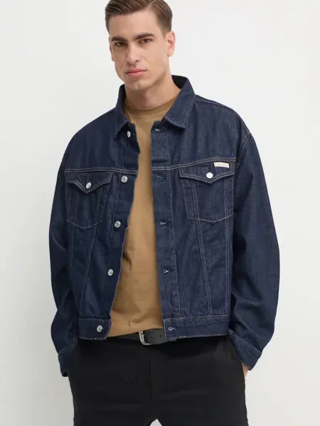 Дънково яке Calvin Klein Jeans преходен модел с уголемена кройка тъмносиньо