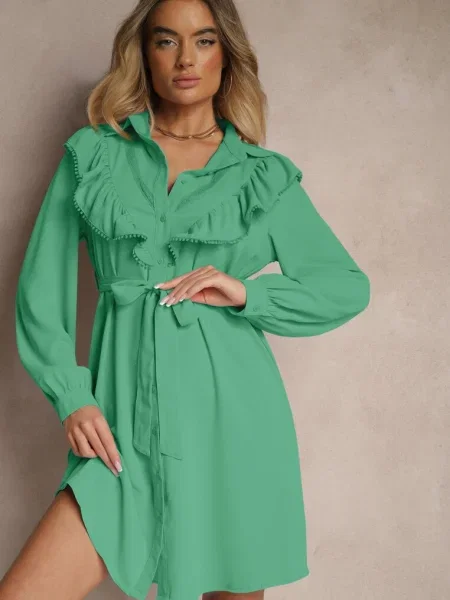 Ciemnozielona Rozkloszowana Sukienka Koszulowa z Falbankami i Koronką Naik zielona