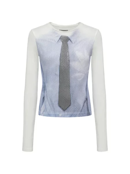 Lung tricou Feng Chen Wang cu imagine cu legături alb