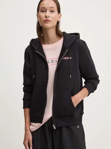 Guess Jeans bluza z kapturem z nadrukiem czarny