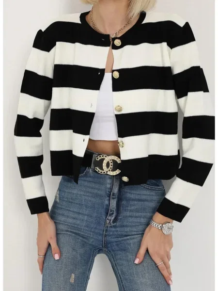 Cropp cardigan Dewberry cu dungi cu decolteu în U negru