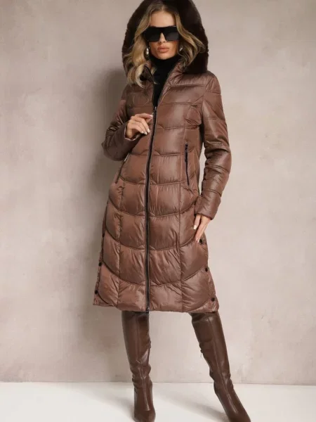 Jachetă tip palton până la genunchi matlasată cu glugă detașabilă Calarin maro