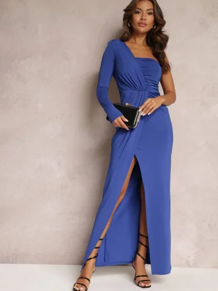 Rochie bleumarin asimetrică maxi cu drapaje Kiari
