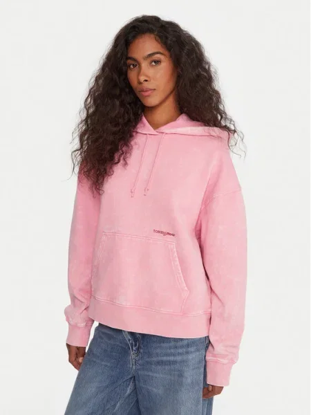 Суичър с качулка Tommy Jeans с качулка розово