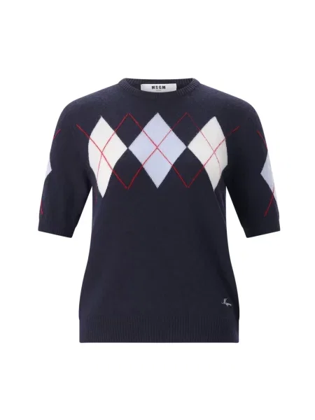 Sweter Msgm wełniany z wzorem argyle z okrągłym dekoltem niebieski
