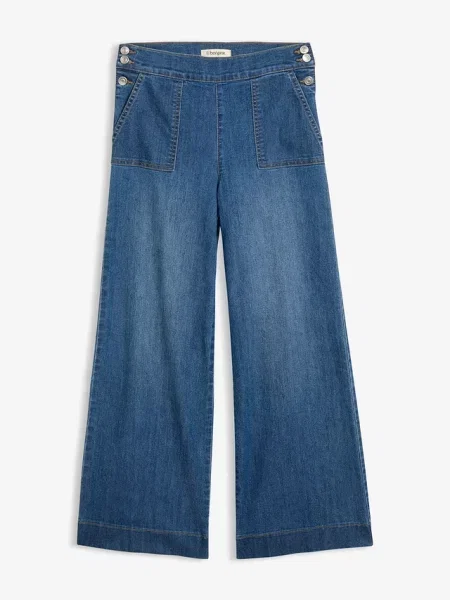 Jeansy wide leg z wysokim stanem i naszywanymi niebieskie