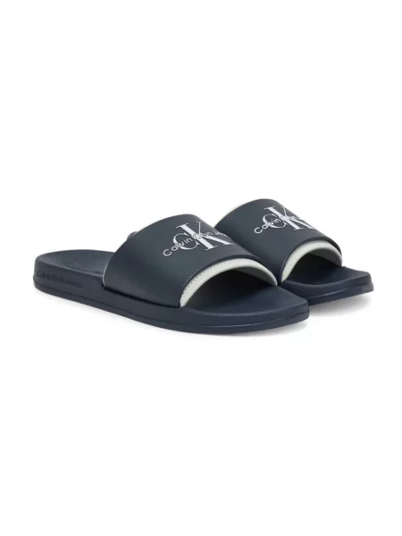 Klapki Calvin Klein Slide Rubber Neoprene Monologo navy/oyster mushroom niebieskie