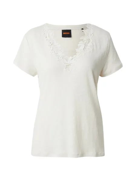 Tricou Boss cu decolteu în V din dantelă alb
