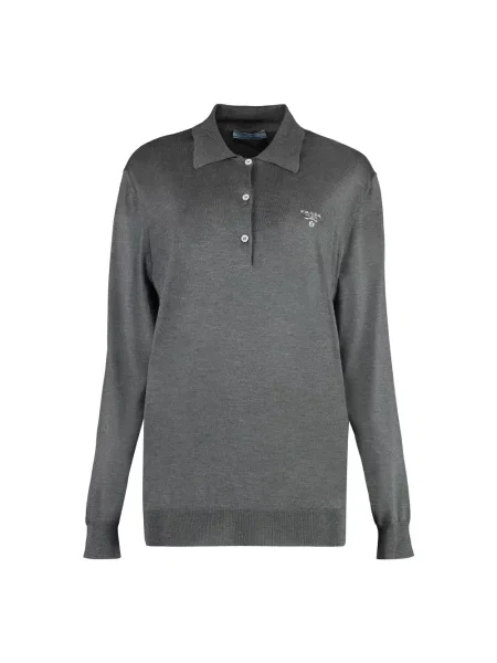 Dzianinowe długi polo Prada z długim rękawem szare