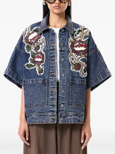 Gulerat geacă de blugi Dhruv Kapoor din piele cu model floral albastru