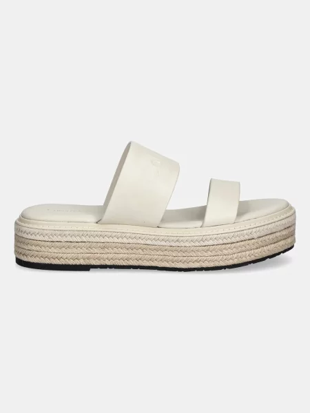 Calvin Klein Usnjeni natikači FLATFORM WEDGE SLIDE HE bež